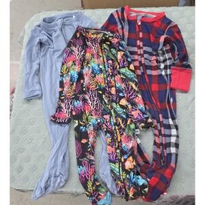 Bums & Roses Bamboo Footie Pajamas 0-3M Bundle 3 Reef Plaid Blue Zip Sleeper